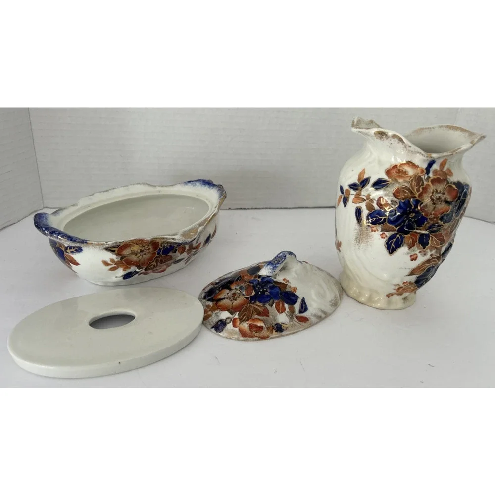 Antique 3 Piece Ridgways Pottery Soap Dish & Toothbrush Holder in Imari Pattern
